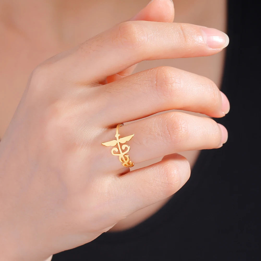 Lucktune Caduceus Medical Symbol Rings Women Stainless Steel Snake Bind Wing Finger Ring Vintage Jewelry Gift for Doctor Nurse