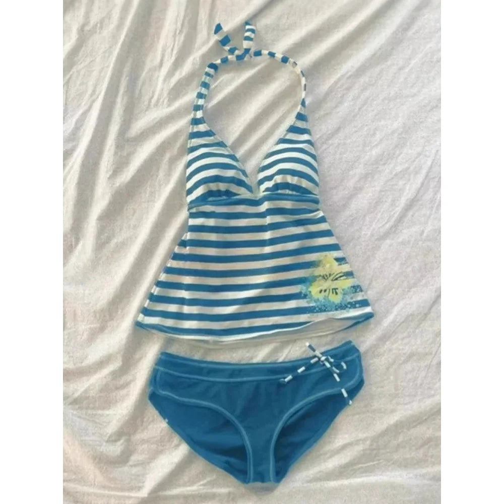 2026 new summer Y2K sexy hanging neck, backless slim fit striped set, beach vacation party, spicy girl, fashion trend suit
