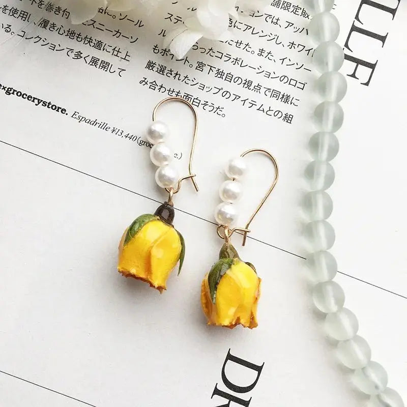 Unique Immortal Flower Earrings Elegant Natural Flower Pearl Drop Earrings Statement Jewelry Epoxy Resin Real Rose Earring 2024