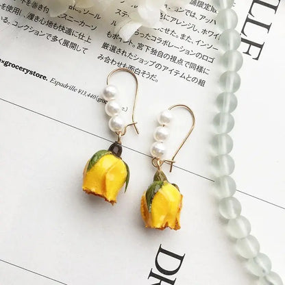 Unique Immortal Flower Earrings Elegant Natural Flower Pearl Drop Earrings Statement Jewelry Epoxy Resin Real Rose Earring 2024