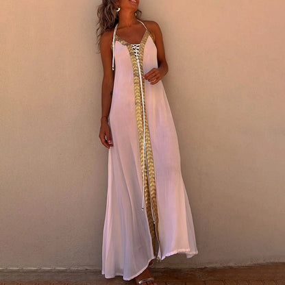 Summer Womens Boho Dresses Lace Up Halter Maxi Dress Vacation Beach Dresses Vestidos Bohemian Long Sundress платье женское