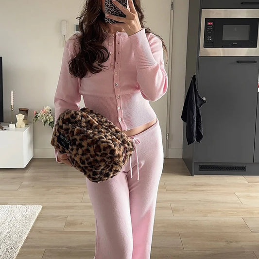 Women Loungewear 2 Piece Pants Set Button Up Long Sleeve Crop Cardigans Sweater Low Waist Knitted Trousers Fall Winter Outfits