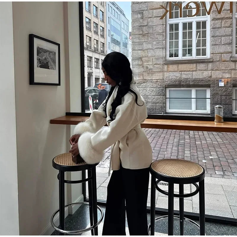 2025 Chic Lapel Plush Coat With Belt Women Vintage Solid Faux Fur Sleeve Tweed Open Coats Female Autumn Casual Street Outwear