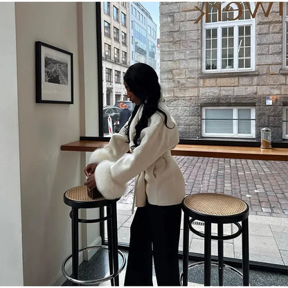 2025 Chic Lapel Plush Coat With Belt Women Vintage Solid Faux Fur Sleeve Tweed Open Coats Female Autumn Casual Street Outwear