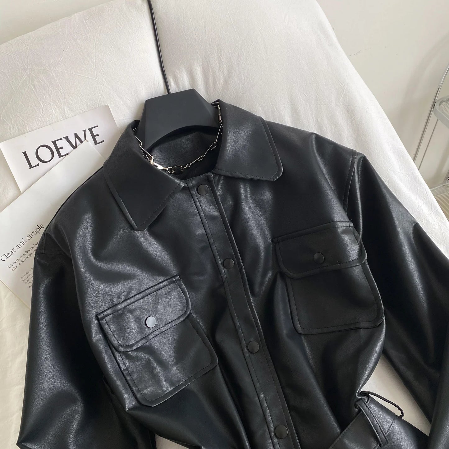 Fashion Tied Waist Long Sleeved Jacket for Women Autumn 2025 Casual Pocket Leather Jackets