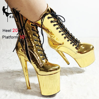 New Gold Shoes for Women 2025 Platform Heels Pole Dance Stripper 20cm/8Inch Sexy Ankle Boots Round ToeThin Heels Ladies Shoes