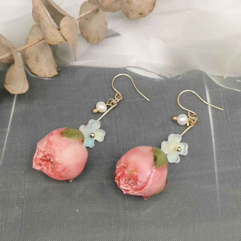Unique Immortal Flower Earrings Elegant Natural Flower Pearl Drop Earrings Statement Jewelry Epoxy Resin Real Rose Earring 2024
