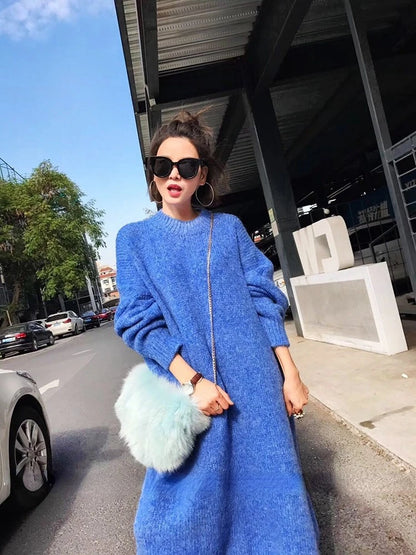 Winter Women Dress Fall Sweater Women Dress Long Sleeve Knitted Dresses Maxi Vintage Oversize Dresses Knitting Thick Warm Purple