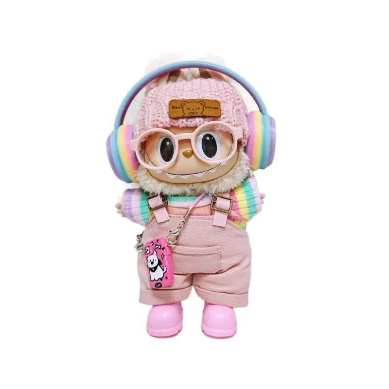 labubu clothes Pink overalls, colorful headphone sets, rainbow-colored pleated skirt clothing, labubu accessories (no dolls)