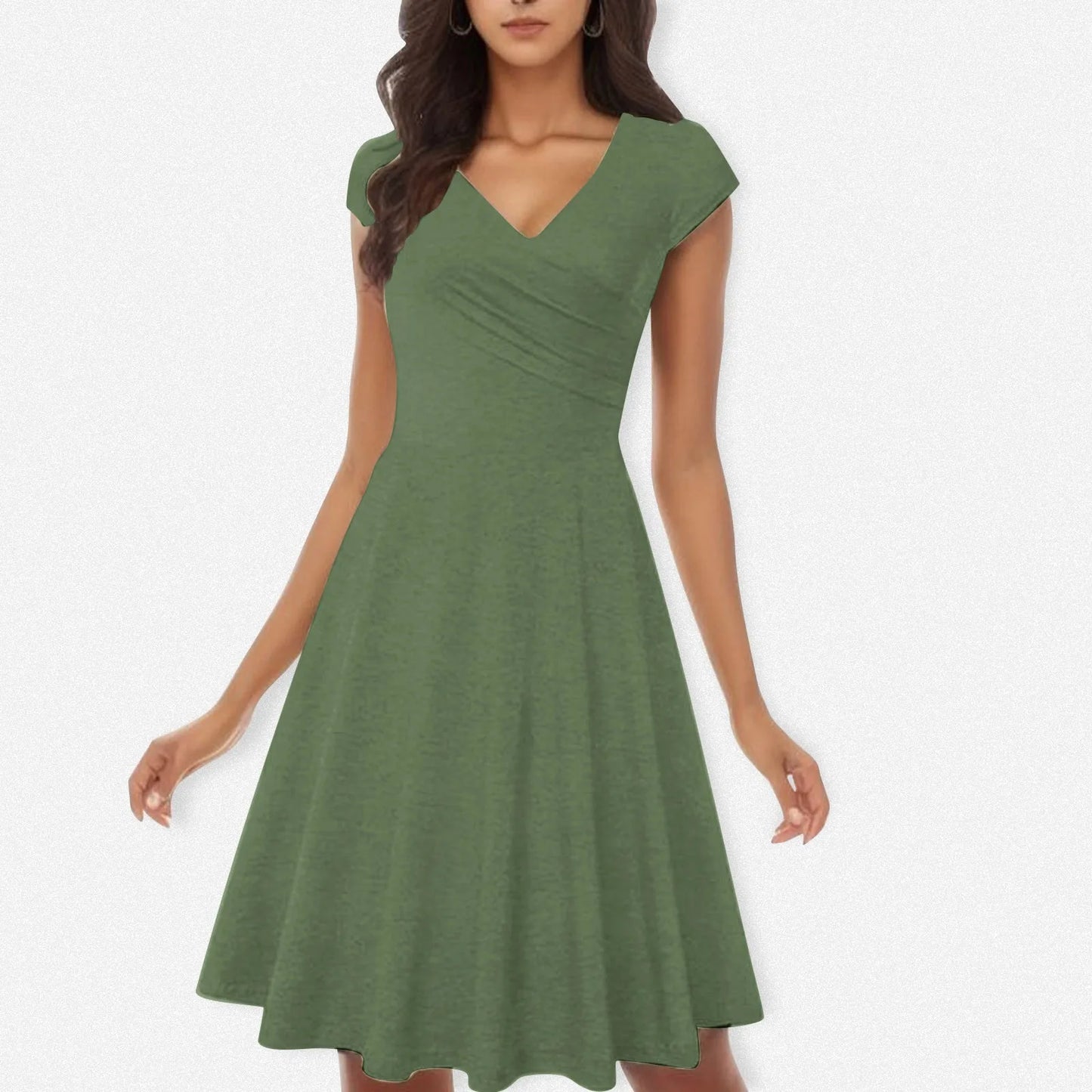 Female Solid Dress Knee-Length Short Sleeve Summer Empire Pleated Dresses A-line V-neck Simple Laides Casual Club Party Dress