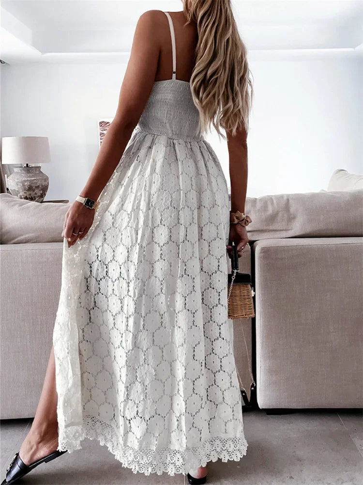 2025 Summer Women Lace Playsuit Dress Sleeveless V Neck Hollow Out Irregular Midi Dress Sexy Elegant Casual Bohemian Dresses
