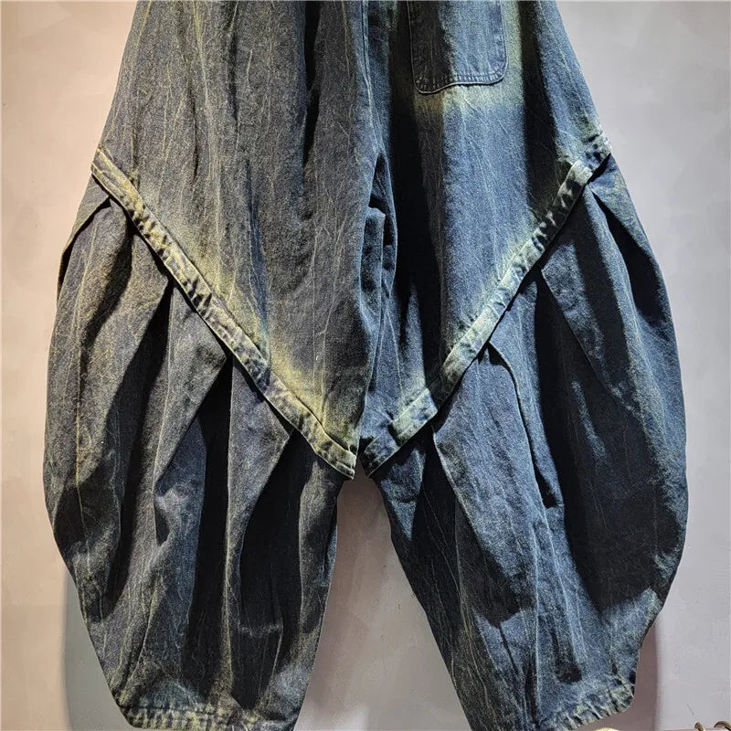 DEAT Personality Loose Denim Pants For Women 2025 Spring New Item High Elastic Waist Big Size Splicing Jeans Female 11A02417