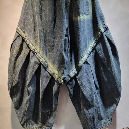 DEAT Personality Loose Denim Pants For Women 2025 Spring New Item High Elastic Waist Big Size Splicing Jeans Female 11A02417