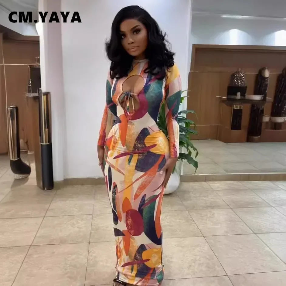 CM.YAYA Women Printed Cutout Front Long Sleeve O-neck Bodycon Midi Maxi Dress Evening Party Night Club Holiday Dresses Vestidos
