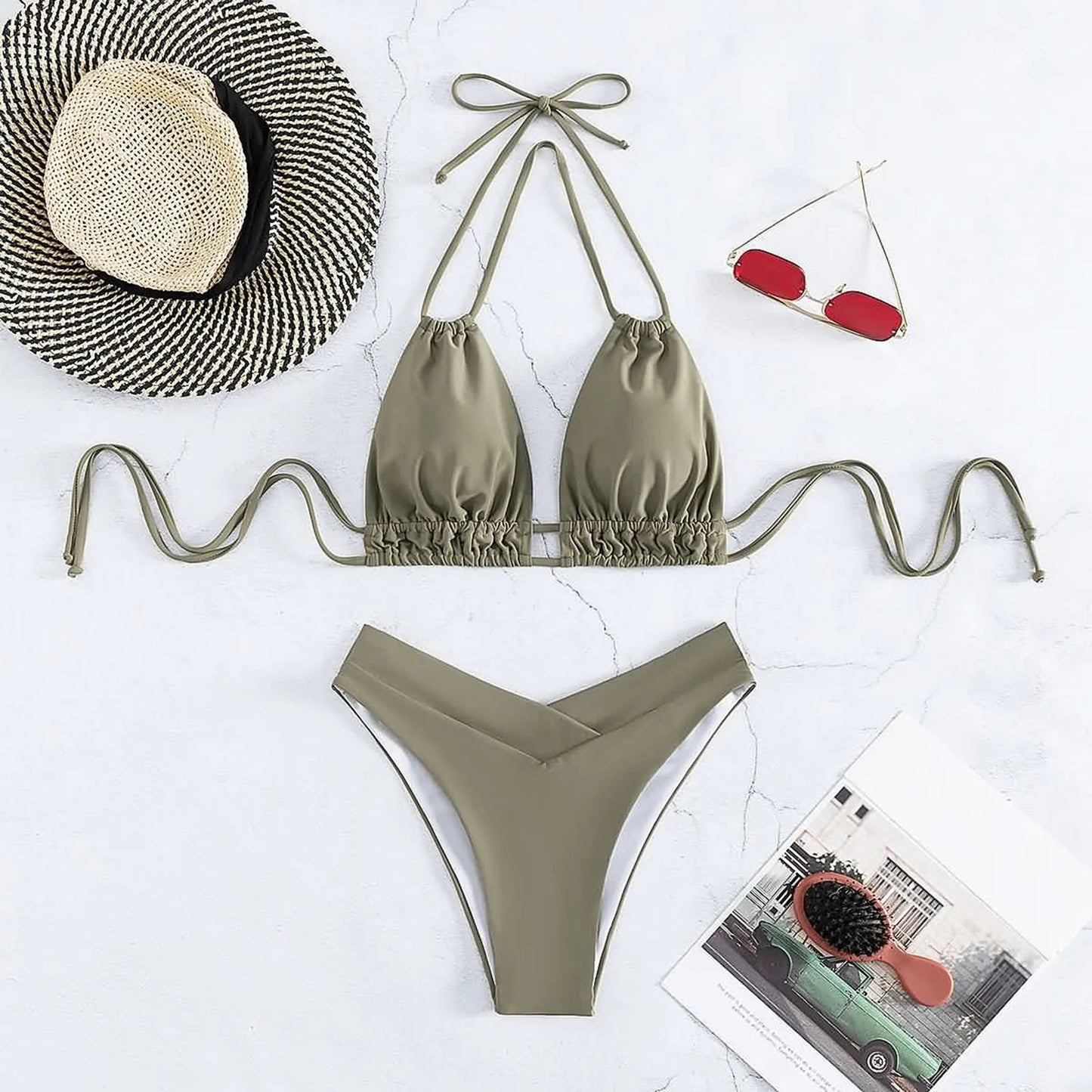Bathing Suit Tank Bikinis Sets Swimwear 2023 Women Mid Waist Deep V Neck Wide Straps Bikini Summer Beach Wear Swimming купальник