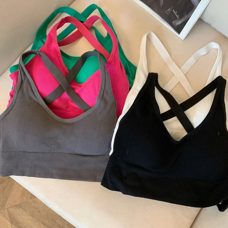 EtherealBe ribbed crisscross back push up sports bra sportswear in black white gray pink and green