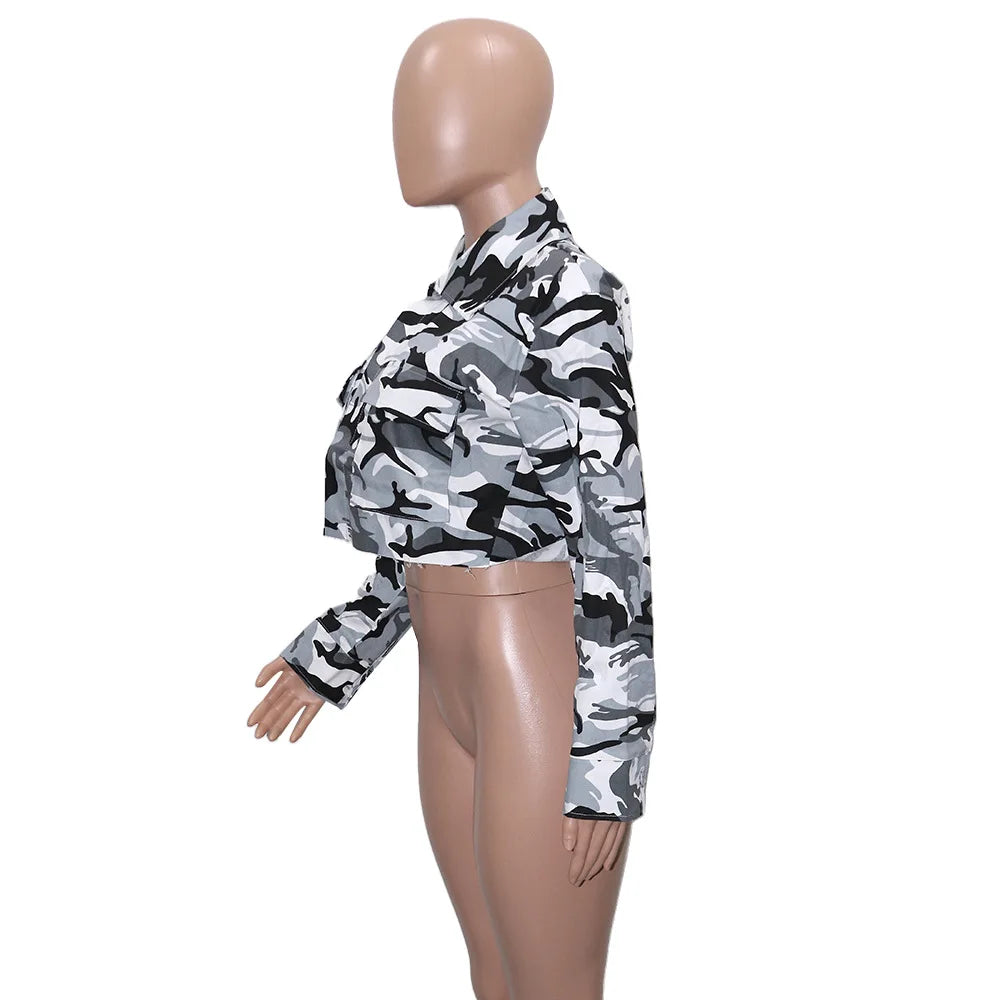 Women's Clothes Coats Casual Fashion Camouflage Print Large Pocket Lapel Long Sleeve Short Jacket for Women