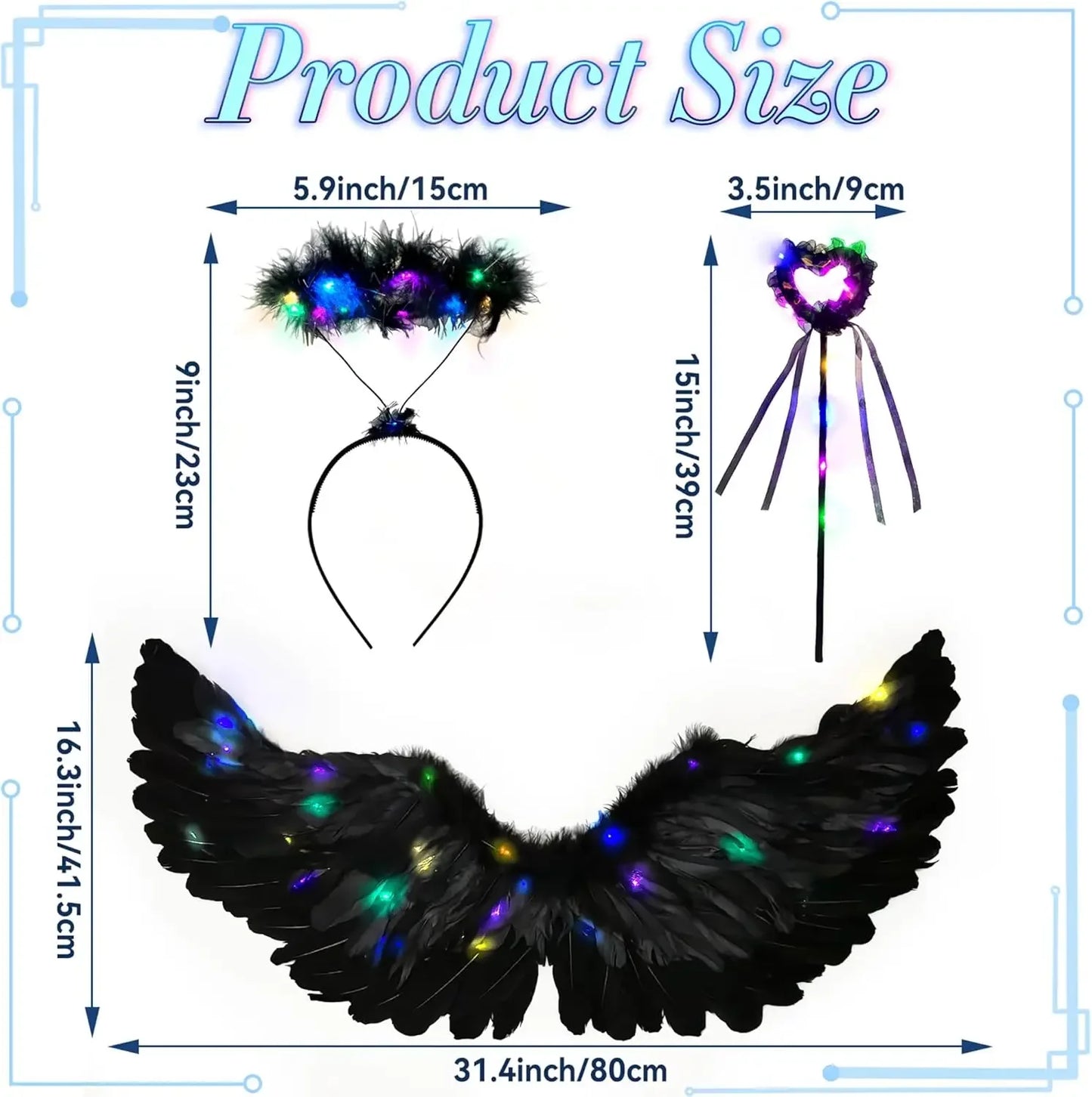 Size guide for light up angel costume for girls including wings, headband, and wand dimensions
