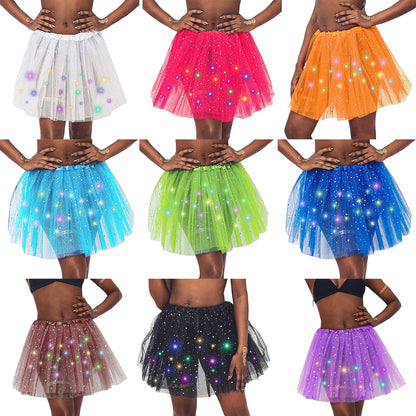 Variety of LED halloween tutu skirts for women in different colors and styles, perfect for festive occasions