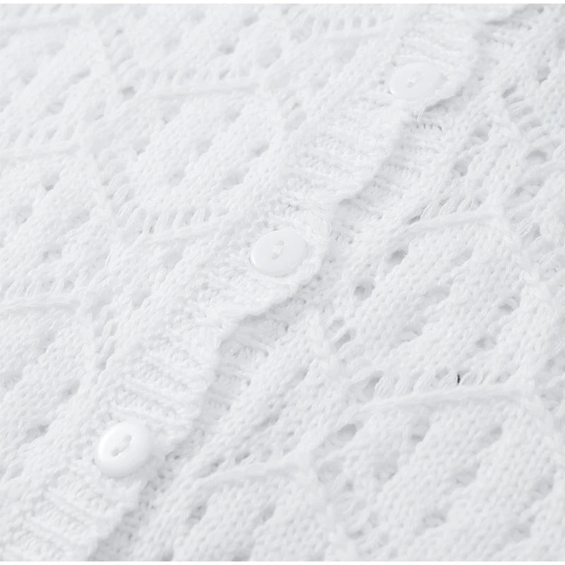 Sexy Women Crochet Hollow Out Patchwork Top Suits Fashion Round Neck Cardigan Crop Shorts Sets Summer Female Beach Party Outfit