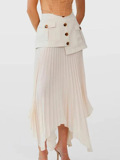 DEAT Fashion Women's Skirt High Waist Spliced Single Breasted Pleated Irregular Solid Color Long Skirts Spring 2024 New 17A6142