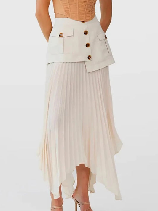 DEAT Fashion Women's Skirt High Waist Spliced Single Breasted Pleated Irregular Solid Color Long Skirts Spring 2024 New 17A6142