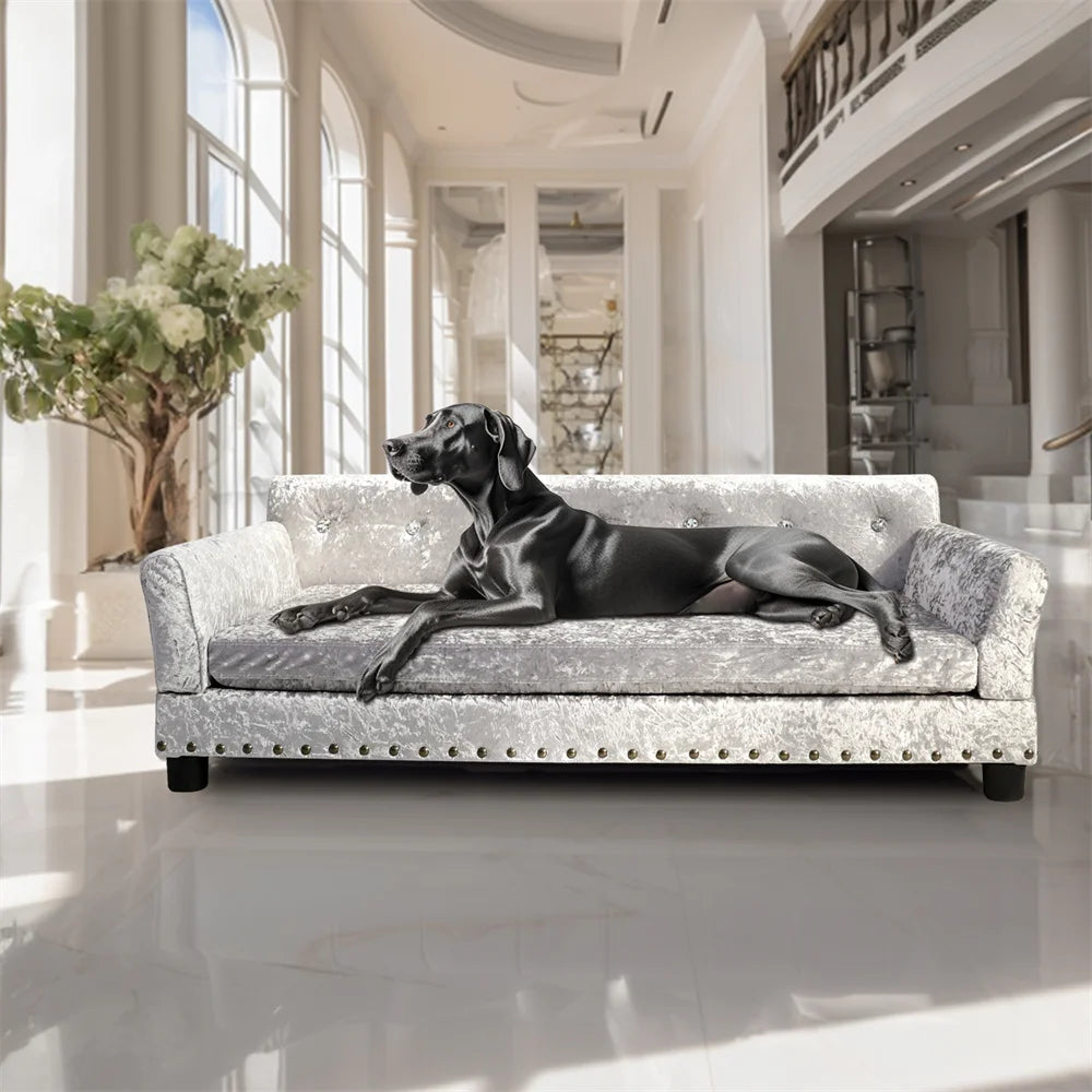 Luxury Velvet Tufted Dog Sofa Bed Large Elevated Pet Bed Upholstered Cushion Wooden Frame Raised Puppy Sofa Couch