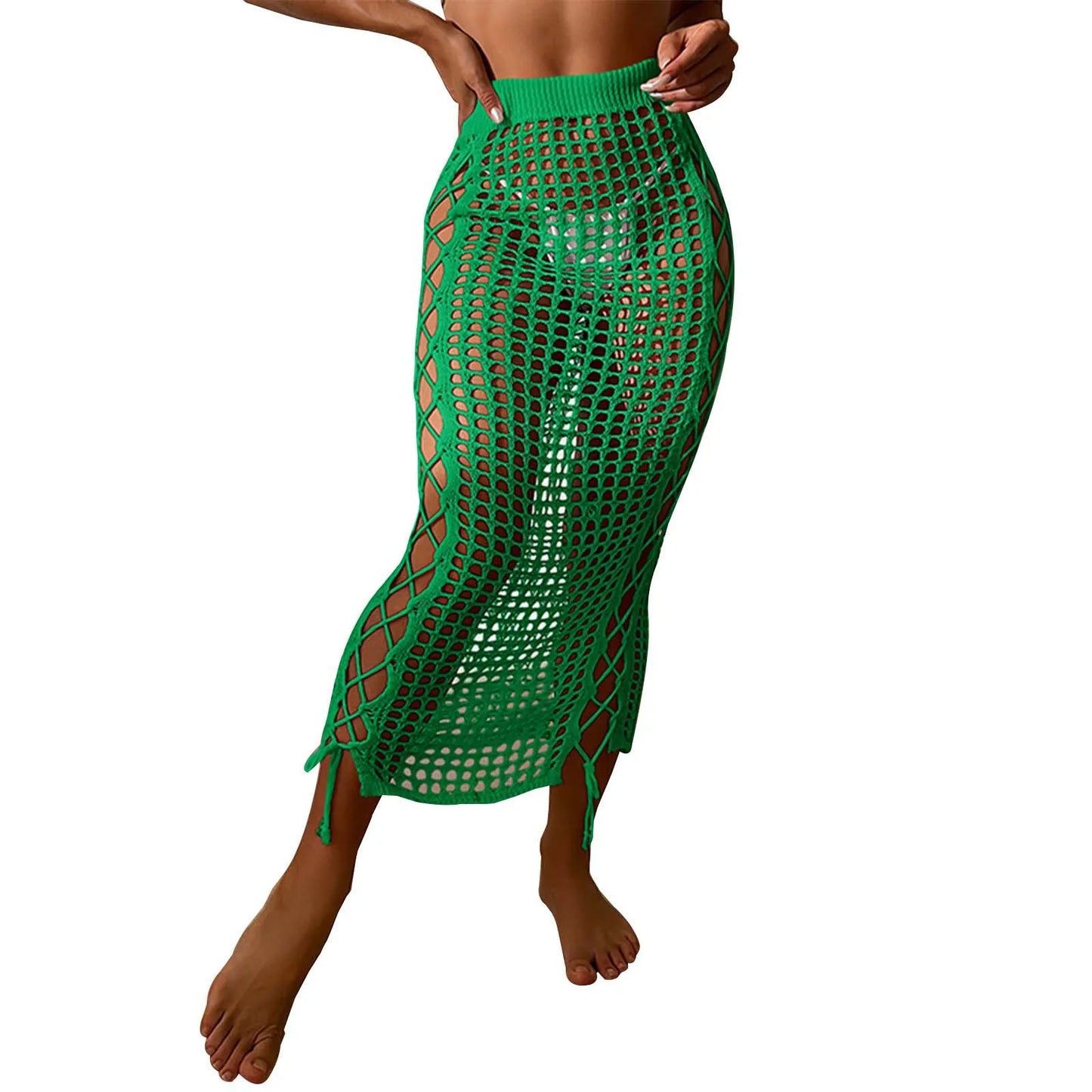 Summer Vacation Beach Cover Ups Women Crochet Knitting Skirts Sunscreen Solid Color High Waist Bodycon Hollow Out Long Skirt