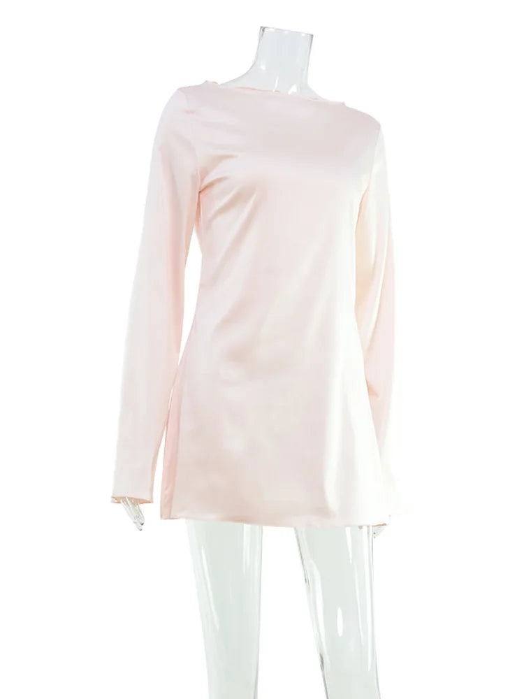 Fashionable women's dress, pure color casual style, round neck, flare sleeves, tight waistband satin slim-fitting women's dress