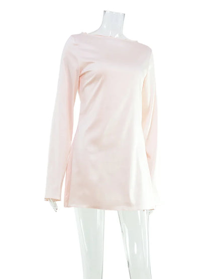 Fashionable women's dress, pure color casual style, round neck, flare sleeves, tight waistband satin slim-fitting women's dress