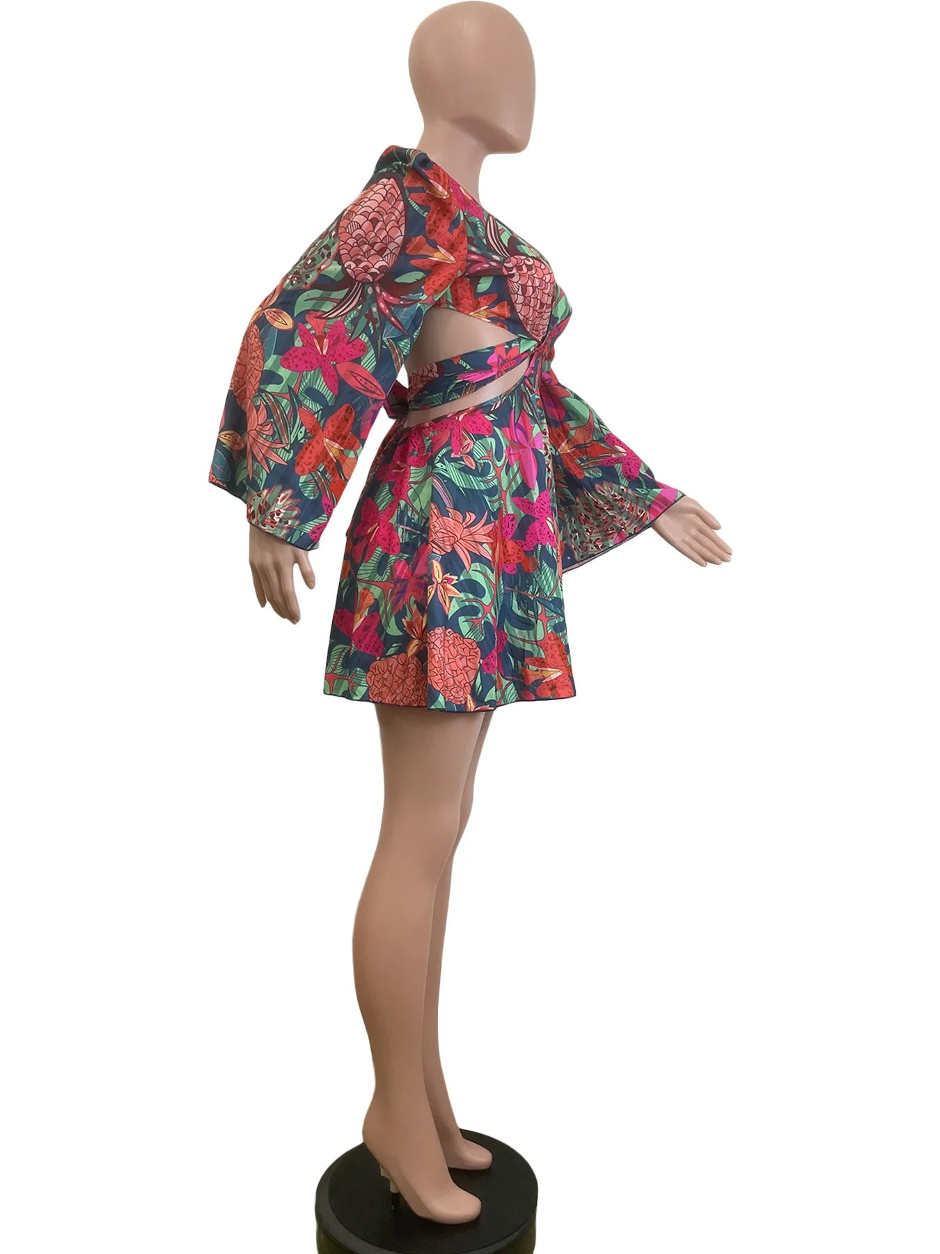 Two Piece Sets Women Skirt Set Print Floral Matching Sets V Neck Flare Sleeve Top Short Skirts Dress Sets Lace Up High Waist