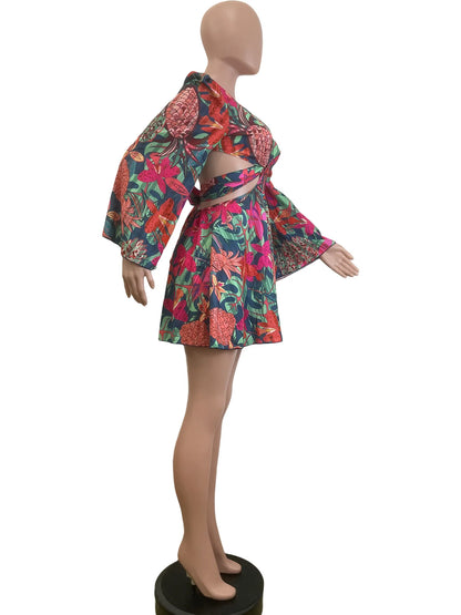 Two Piece Sets Women Skirt Set Print Floral Matching Sets V Neck Flare Sleeve Top Short Skirts Dress Sets Lace Up High Waist