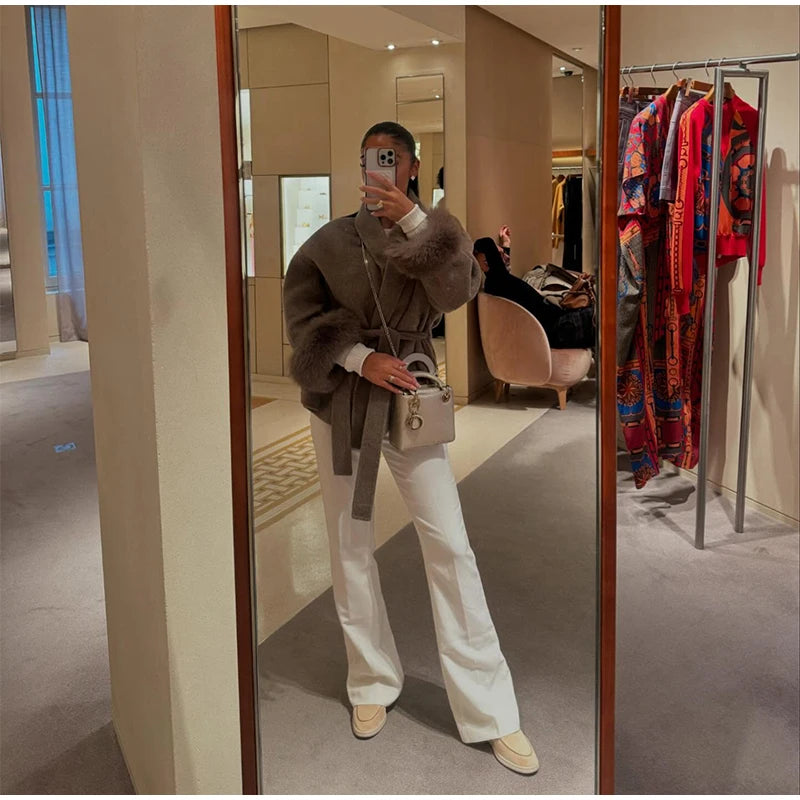 2025 Chic Lapel Plush Coat With Belt Women Vintage Solid Faux Fur Sleeve Tweed Open Coats Female Autumn Casual Street Outwear