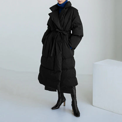 Winter New Stand Collar Long Down Jackets Loose Belt Long Sleeve Warm Coat Fashion Solid Cotton Padded Warm Down Overcoat Women