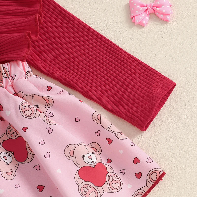 Infant Girls Rompers Dress Valentine s Day Outfit Bear Heart Print Skirt Hem Long Sleeve Spring Jumpsuits with Matching