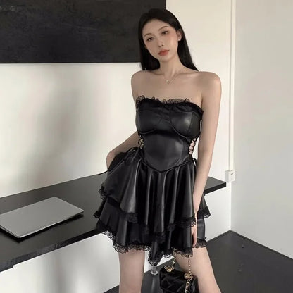 EtherealBe gothic black party dress for women with layered ruffle design and lace accents