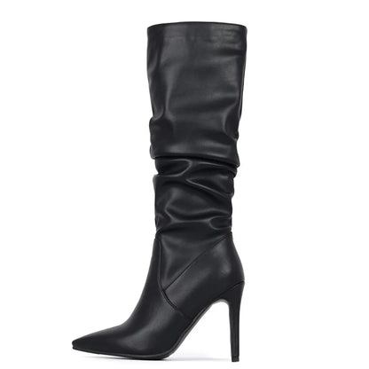 2025 Winter Knee Boots With Heels Woman 10CM Stiletto Fashion Slip on Pointy Autumn Shoes Women Soft Leather Pleated Long Boots