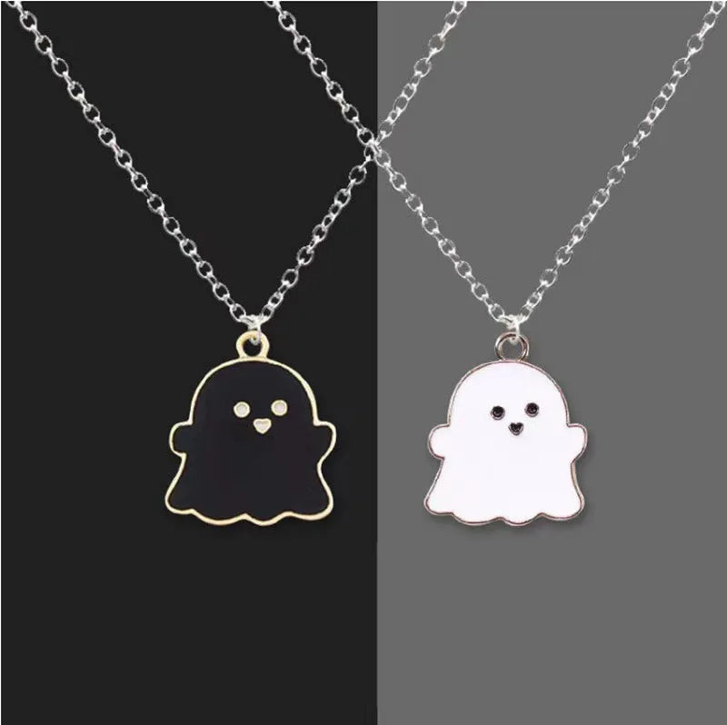 EtherealBe Halloween ghost pendant necklace in black and white with cute facial details
