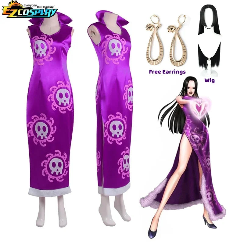 Boa Hancock Cosplay Costume Anime Kimono Purple Dress Cheongsam Cloak Women Halloween  Fancy Dress Cheongsam Uniform Suits