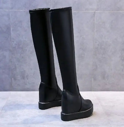 Knee Thigh High New In Women's Boots Genuine Leather Fur Long Shoes for Women Winter 2025 Wedges Chunky Platform Heeled Black