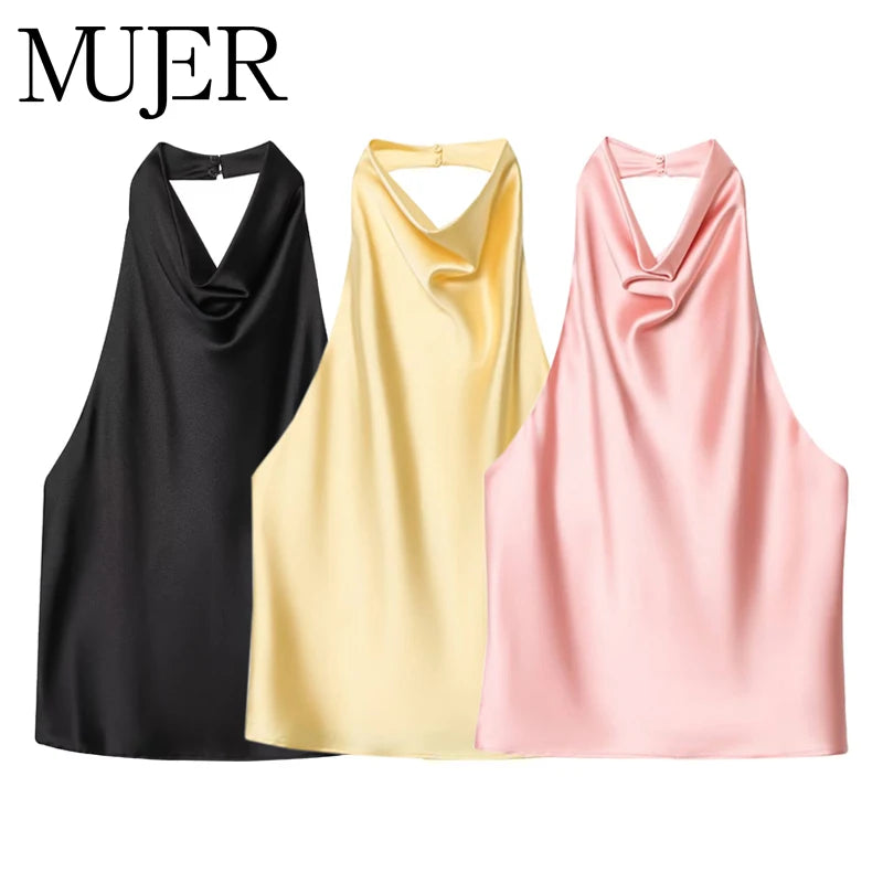 MUJER 2025 Halter Tops for Women Black Satin Backless Top Female Pink Summer Beach Top Woman off Shoulder Camisole Top Women