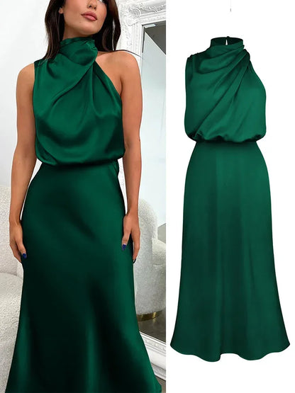 Summer Luxury Sleeveless Silk Satin Long Dress Women Elegant Off Shoulder Celebrity Evening Dress Partywear Lady Trumpet Dress