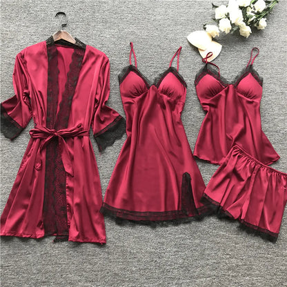4 Pieces Pajamas Sets Satin Sleepwear Women Silk Nightwear Pyjama Strap Lace Sleep Lounge Pajama with Chest Pads