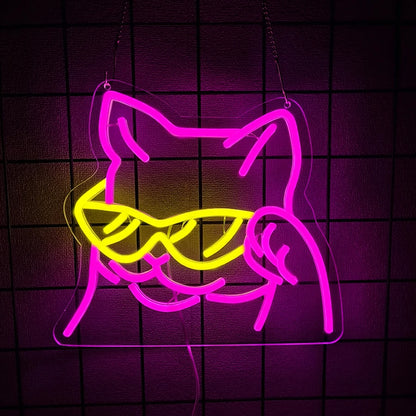 Cool Cat with Glasses Neon Sign for Wall Decor, Moon Cat USB  LED Neon Light Sign for Preppy Room Birthday Party Decoration