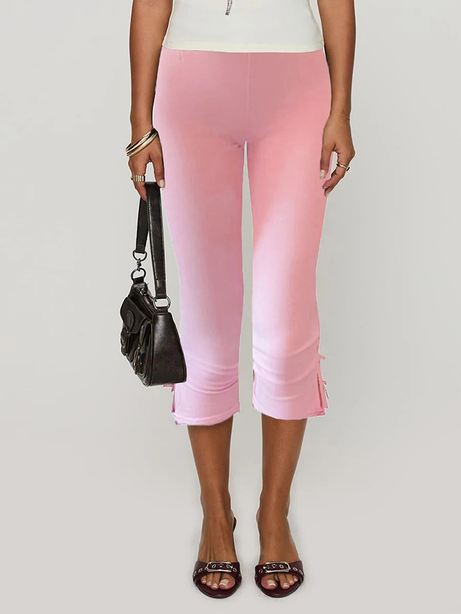 Women Capri Pants Solid Color Bow Decor Summer Casual Cropped Pants Stretch Crop Leggings