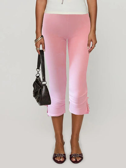 Women Capri Pants Solid Color Bow Decor Summer Casual Cropped Pants Stretch Crop Leggings