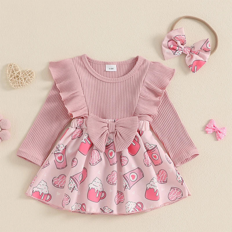 Infant Girls Rompers Dress Valentine s Day Outfit Bear Heart Print Skirt Hem Long Sleeve Spring Jumpsuits with Matching