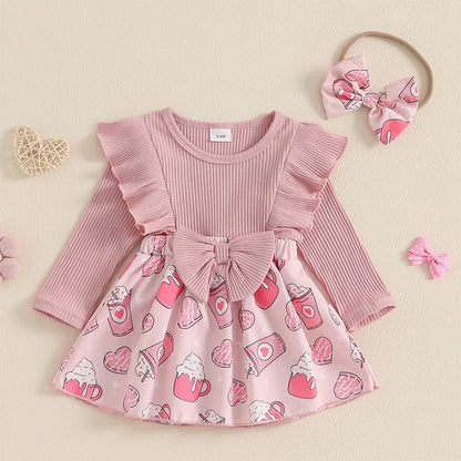 Infant Girls Rompers Dress Valentine s Day Outfit Bear Heart Print Skirt Hem Long Sleeve Spring Jumpsuits with Matching