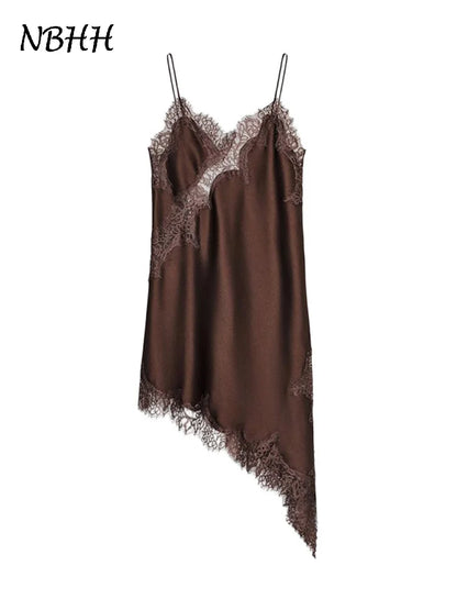 Brown Satin Sexy Lace Spliced Short Sling Dress Women V-neck Sleeveless Backless Asymmetric Party Dresses 2025 Summer Lady Robes