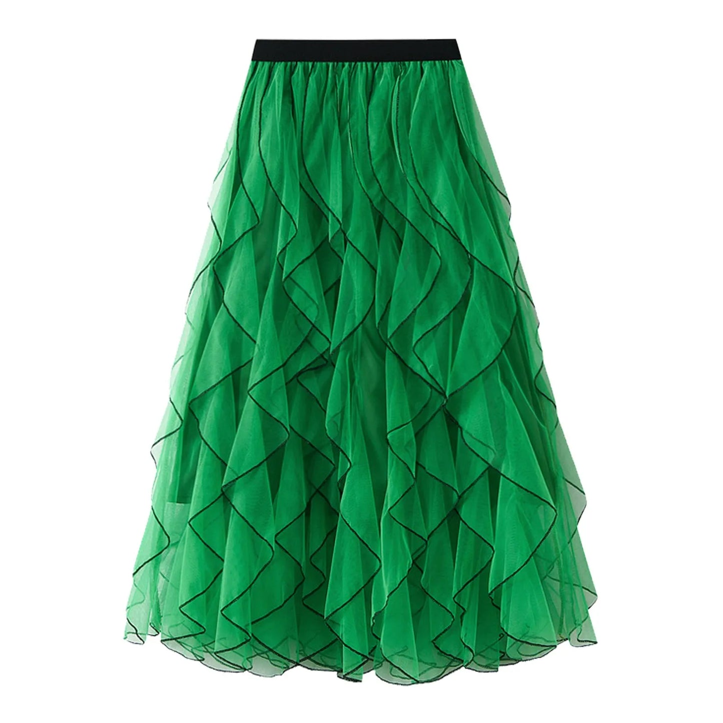 Autumn New Wave Pattern Fairy Mesh Ruffle Skirt High Waist A-Line Large Swing Long Skirt Women'S Half Body Skirt Ropa Para Mujer